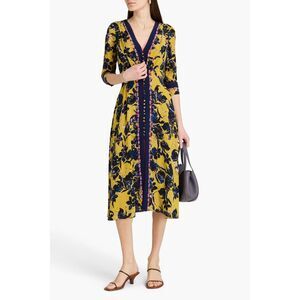SALONI Silk Buttoned Floral Midi Dress Yellow/Blue US 10